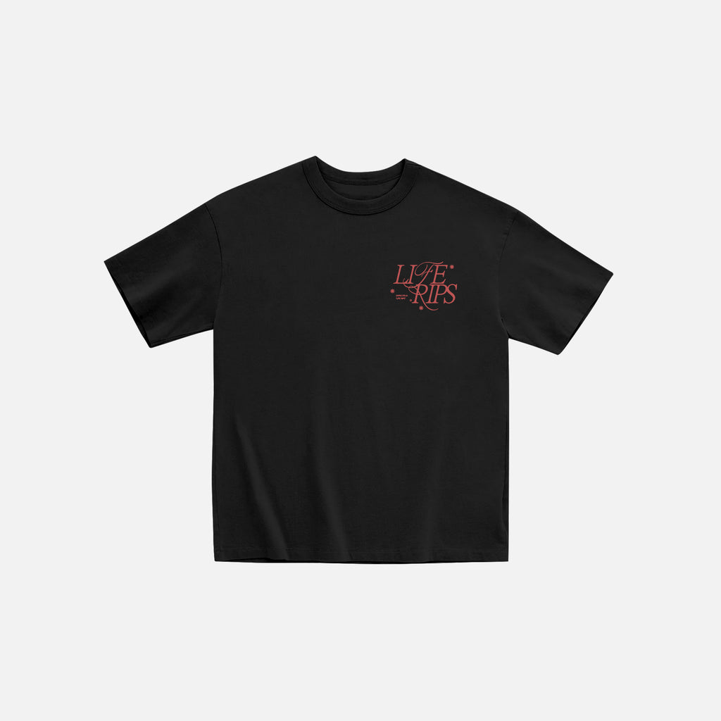 Life Rips Happy Black Tee.Front